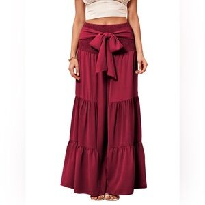 Women's Shirred Elastic Waist Tie Front Ruffle Hem Wide Leg Pants